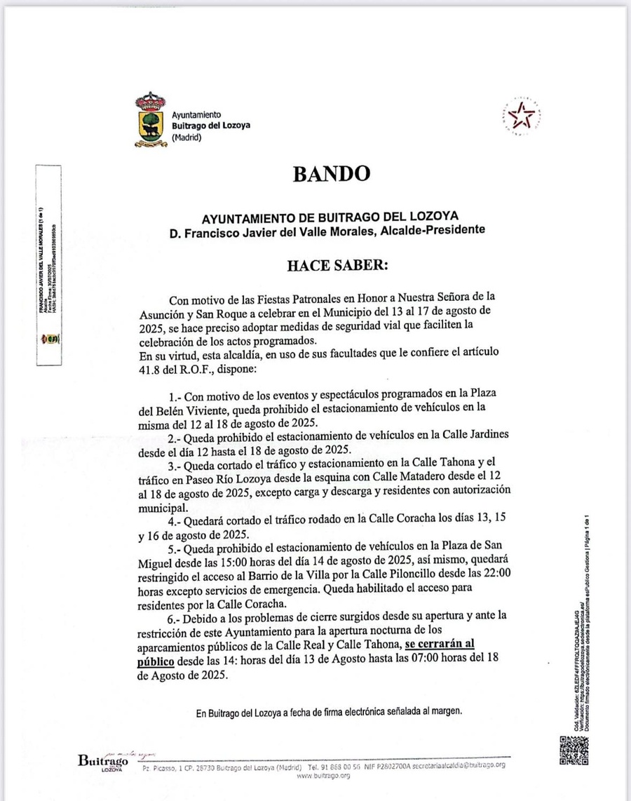 Bando restriciones aparcamiento con motivo fiestas patronales agosto 2025